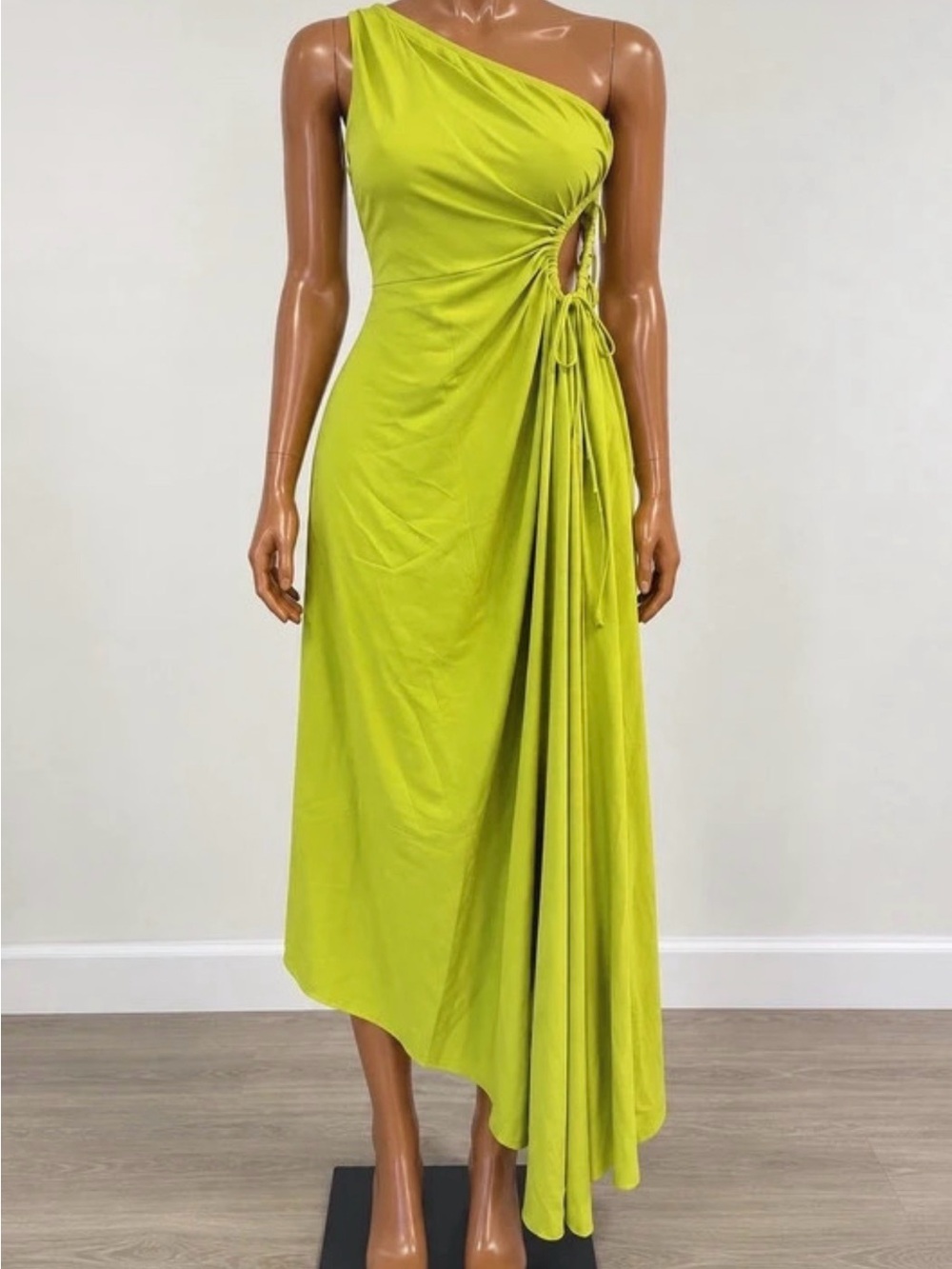 SHEIN Lime Green One-Shoulder Side-Tie Asymmetrical Midi Dress
